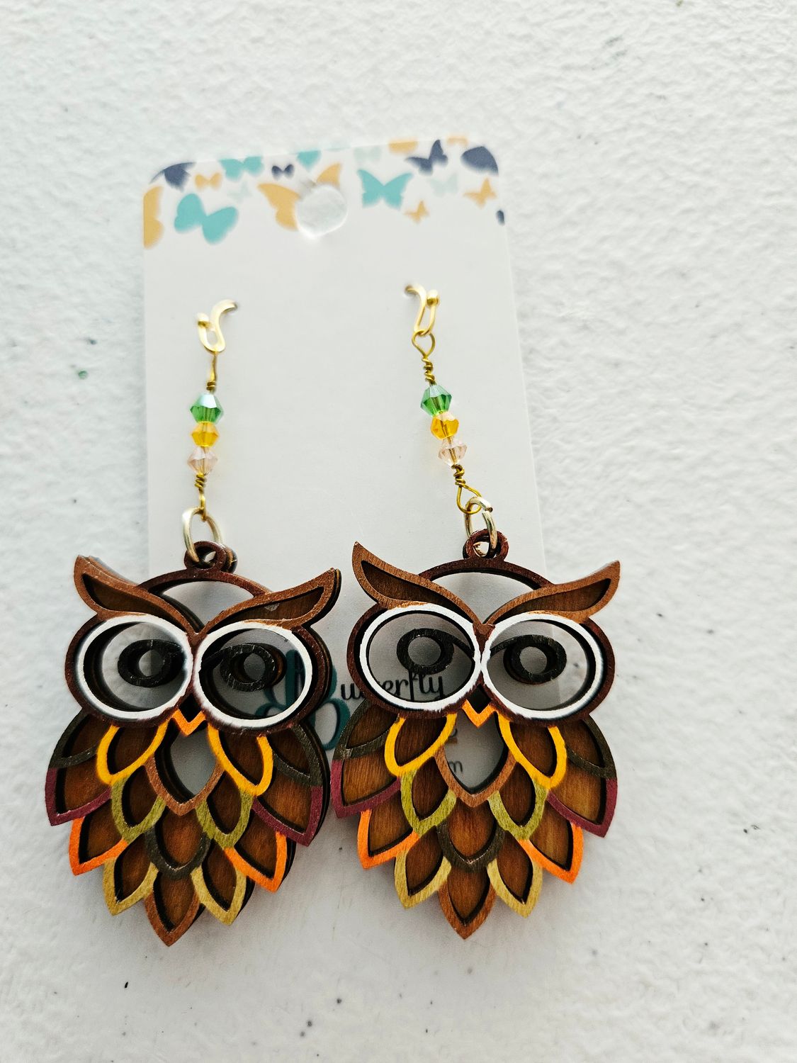 Owl Dangle Earrings w/Green &amp; Orange Beads