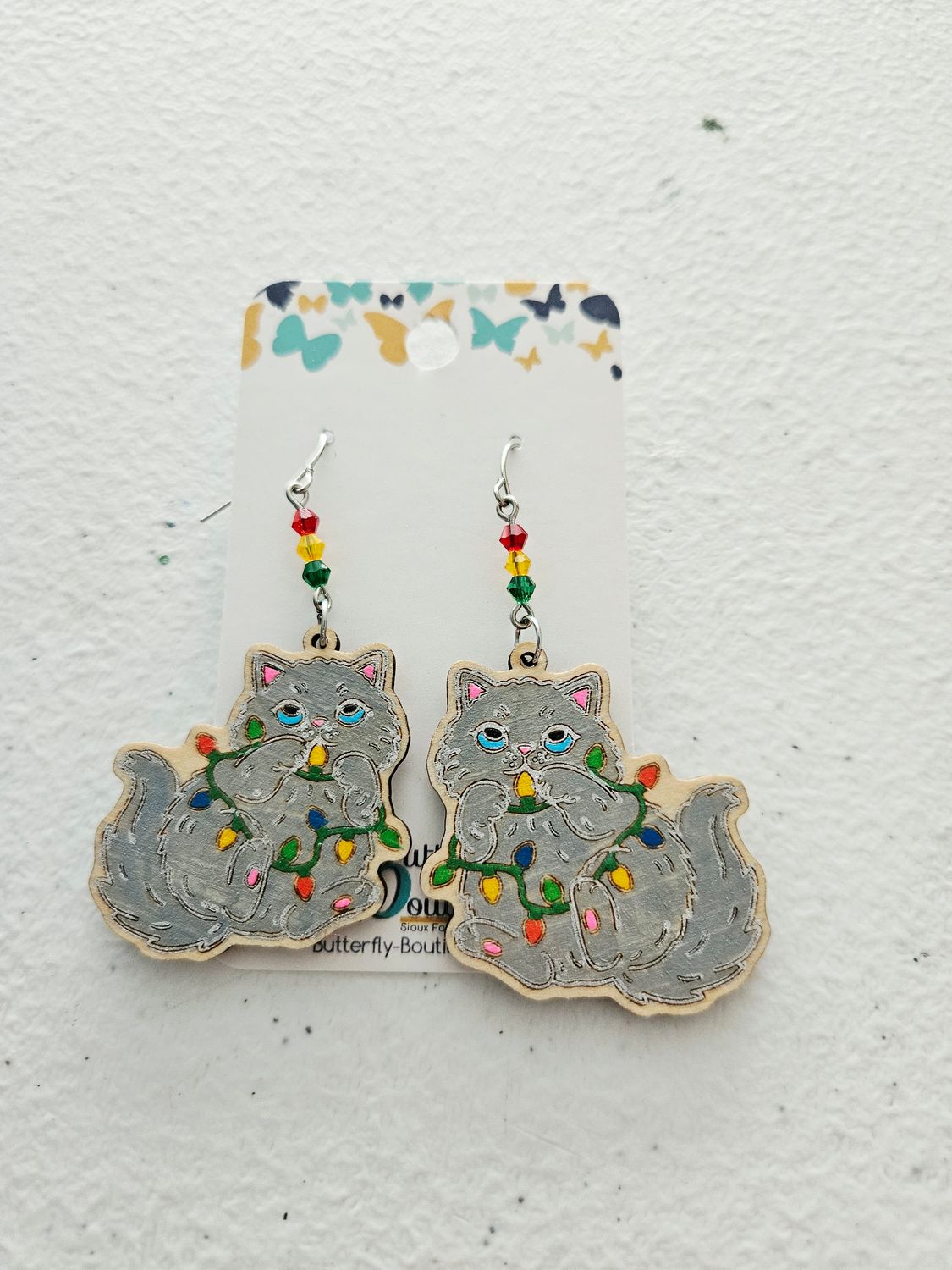 Grey Cat w/Christmas Lights Earrings