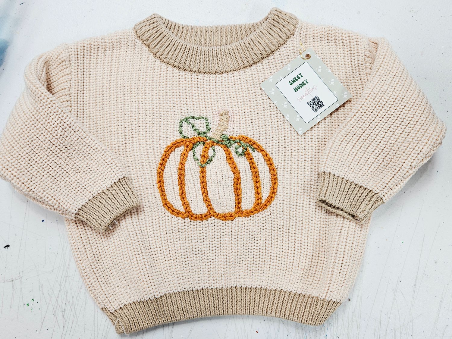Tan Sweater w/Pumpkin 3-6M