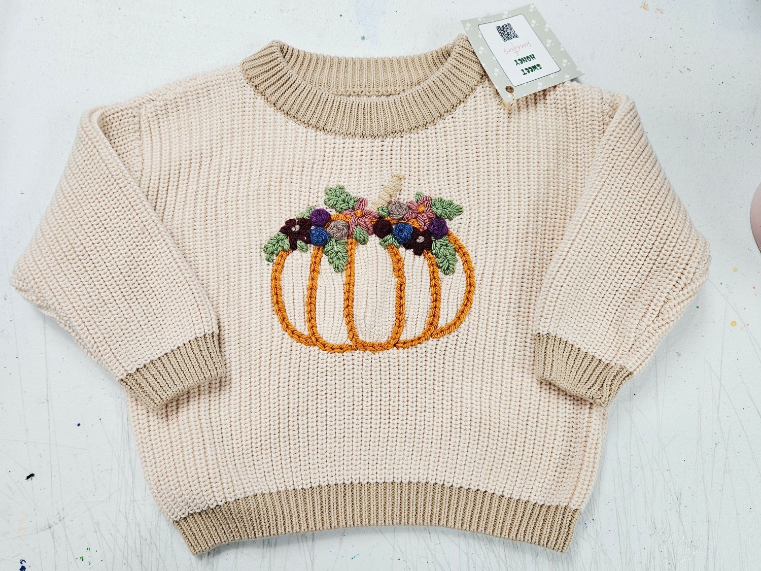 Tan Sweater w/Pumpkin &amp; Multi Colored Flowers 6-9M