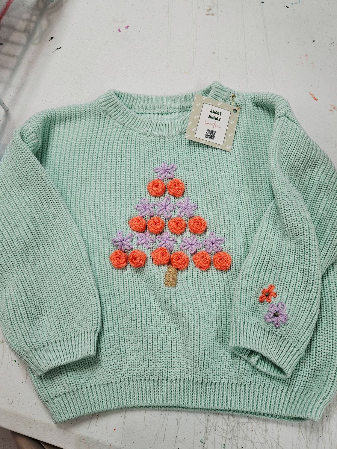 Seafoam Green Sweater w/Purple &amp; Orange Christmas Tree 7/8Y
