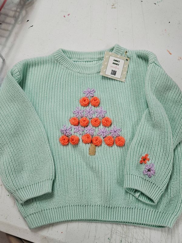 Seafoam Green Sweater w/Purple &amp; Orange Christmas Tree 7/8Y