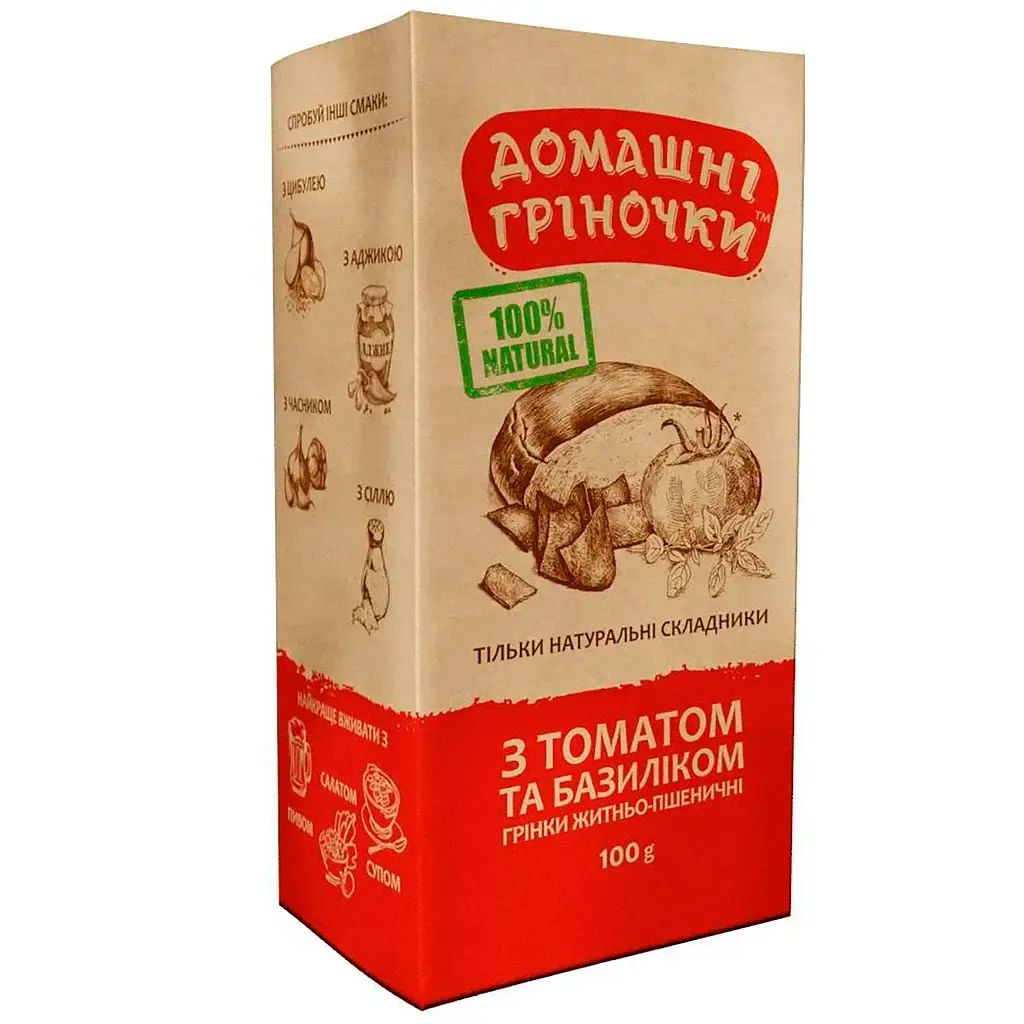 Grzanki żytnio-pszenne «Grzanki domowe» z pomidorem I bazylią 100 g
