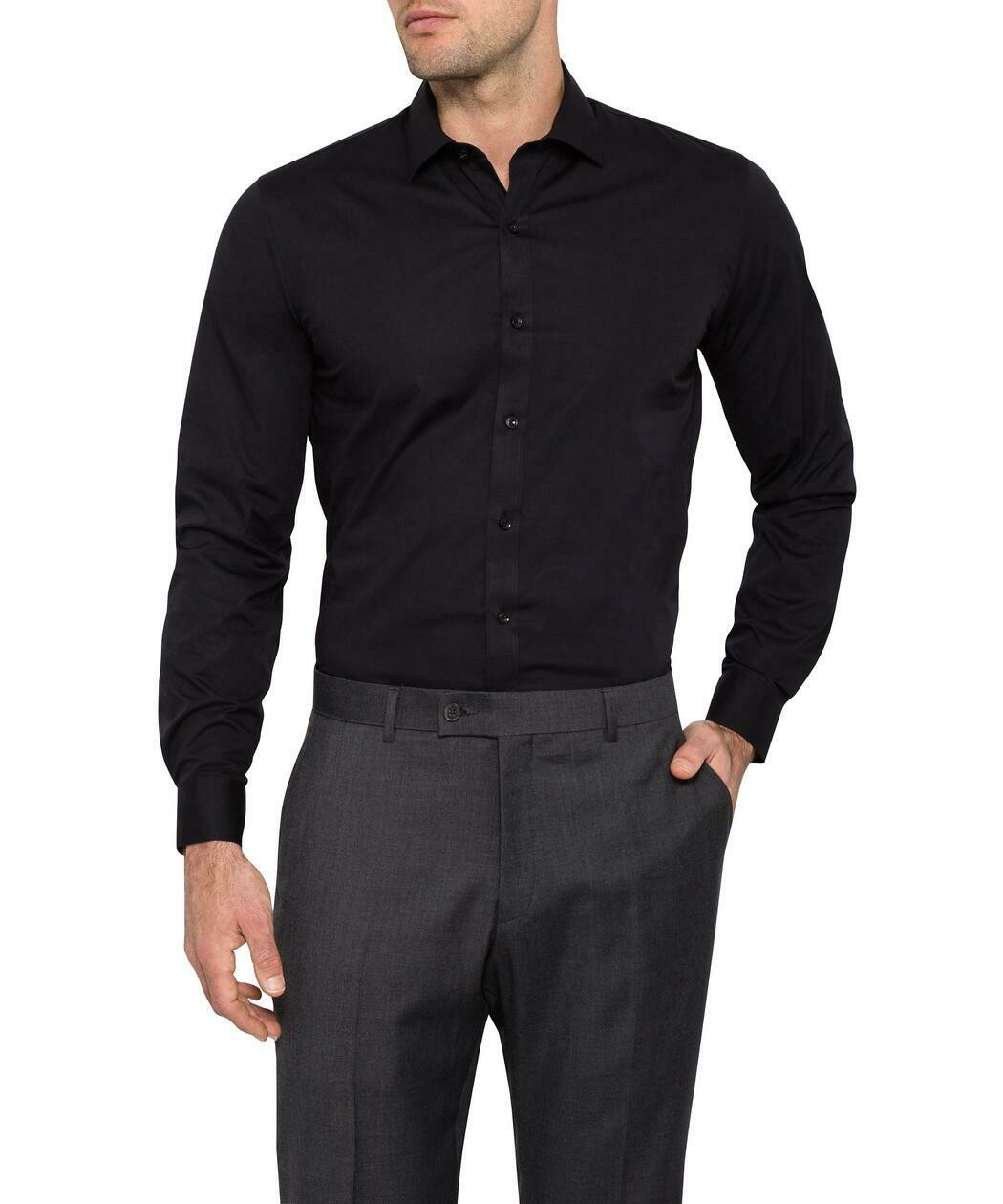 Black - Cotton Stretch Poplin Slim Fit Shirt