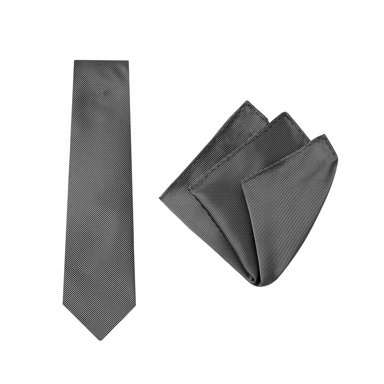 Tie + Pocket Square Set, Pinstripe, Black