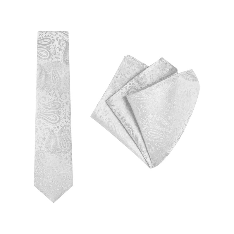 Tie + Pocket Square Set, Paisley, Silver