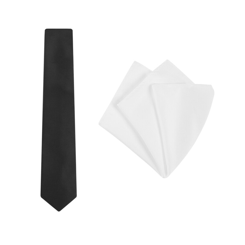 Tie + Pocket Square Set, Plain, Black/White