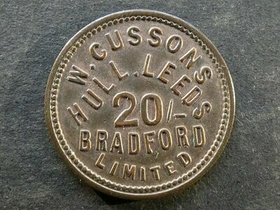 Value-stated check, Yorkshire, Hull, Leeds & Bradford, W. Cussons, 20 Shillings