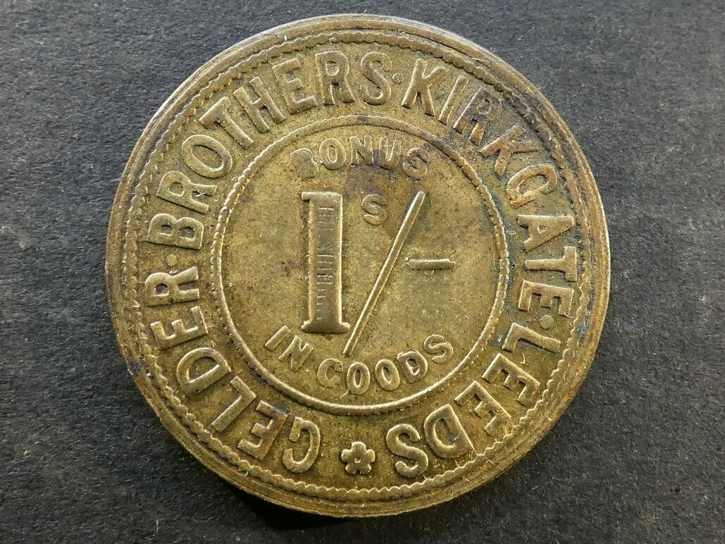 Value-stated check, Yorkshire, Leeds, Gelder Brothers, 1 Shilling