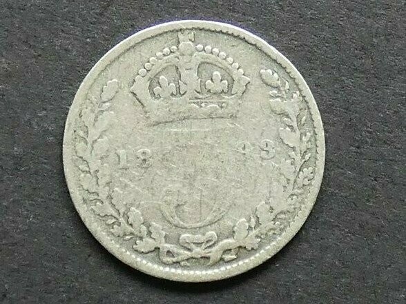 Threepence, 1893, currency issue, jubilee head.