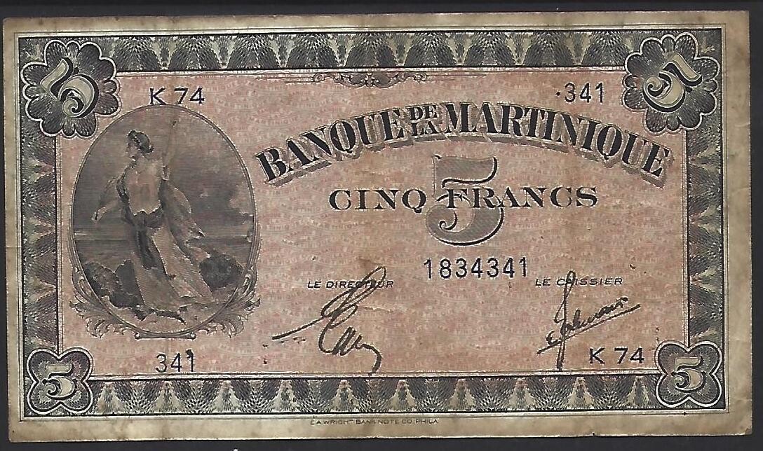 Martinique, 5 Francs, ND(1942), emergency issue.