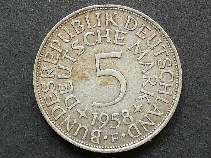 Germany, 5 Deutsche Mark, 1958F
