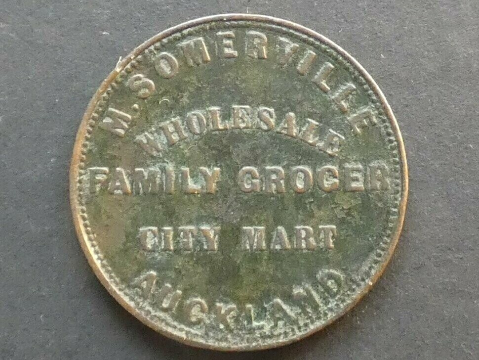 New Zealand, 1d token, Auckland, 1857, M. Somerville