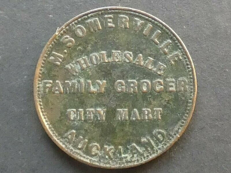 New Zealand, 1d token, Auckland, 1857, M. Somerville