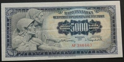 Yugoslavia, 5000 Dinara, 1.5.1955, plate 2.