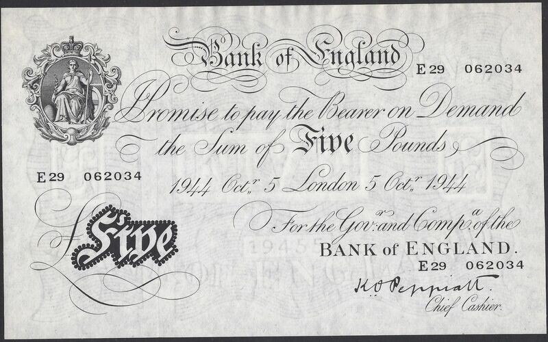 5 Pounds, Peppiatt, London, 5th October 1944.