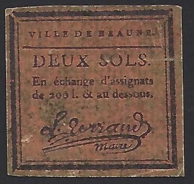 France, Ville de Beaune, trust note of 2 Sols, (7.1.1795).