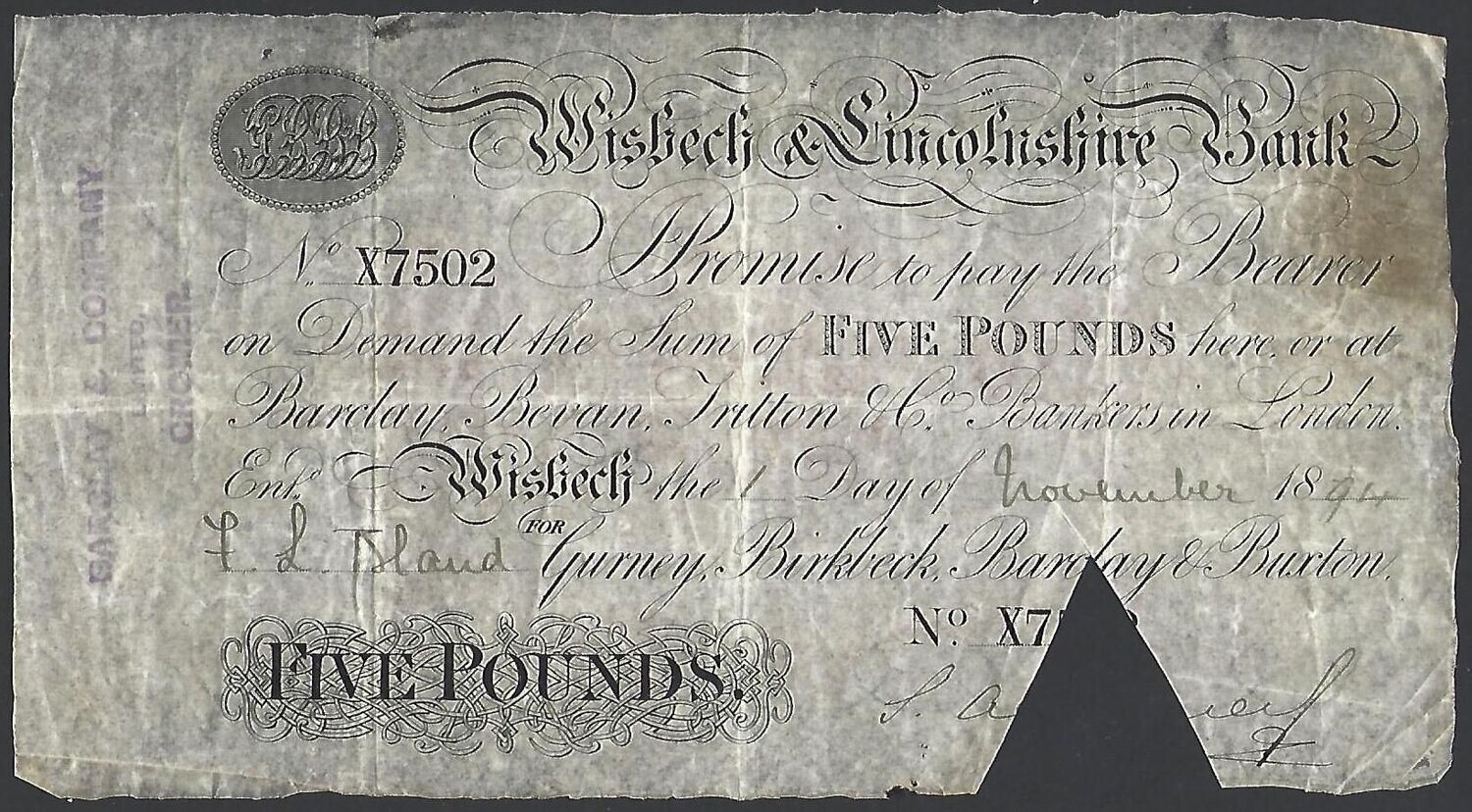 Wisbech & Lincolnshire Bank, 5 Pounds, 1st November 1894