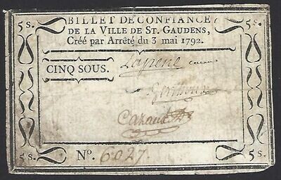 France, Ville de St. Gaudens, trust note of 5 Sous, 3.5.1792.