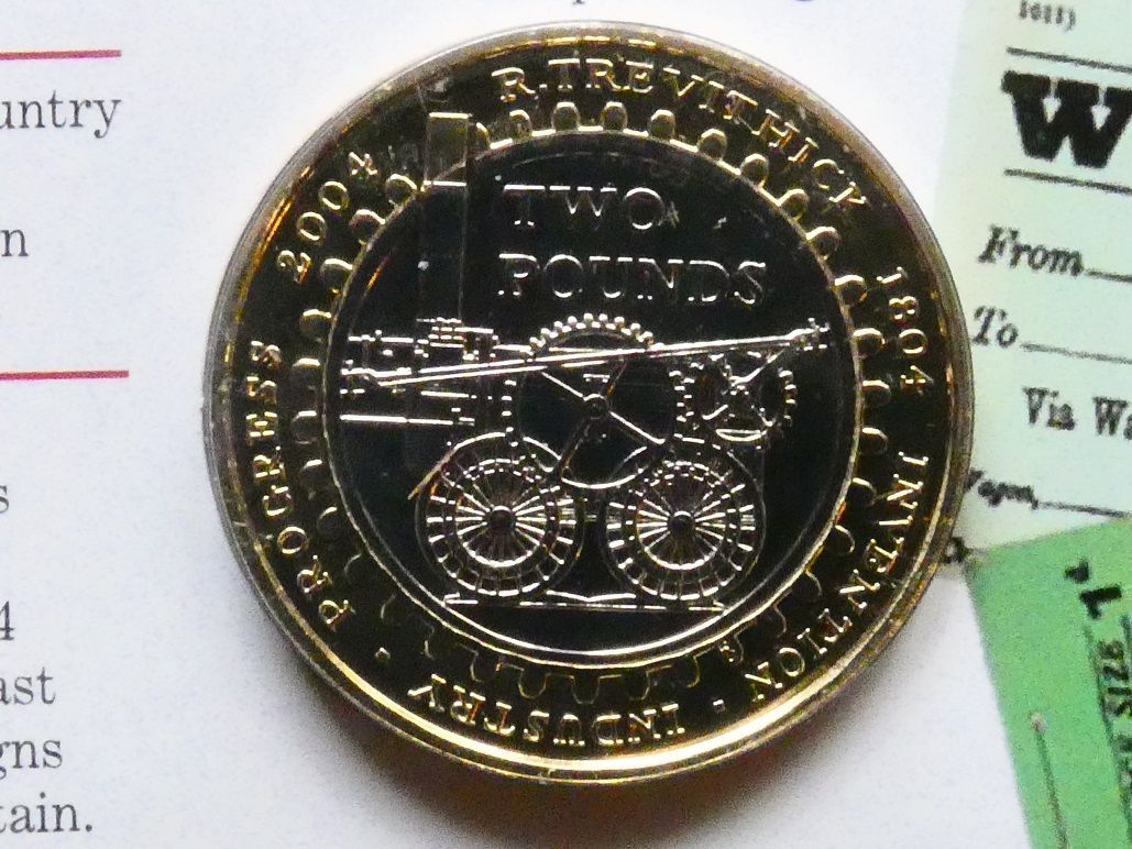 £2, 2004, Trevithick steam locomotive.