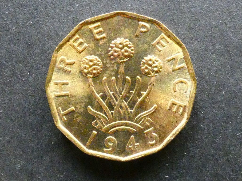 Threepence, 1943, brass.