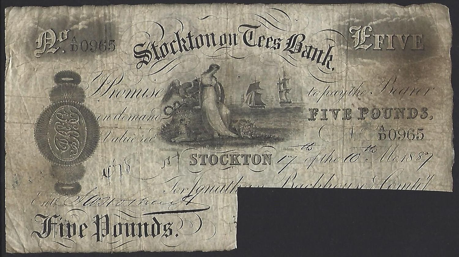 Stockton on Tees Bank, 5 Pounds, 17th October 1887