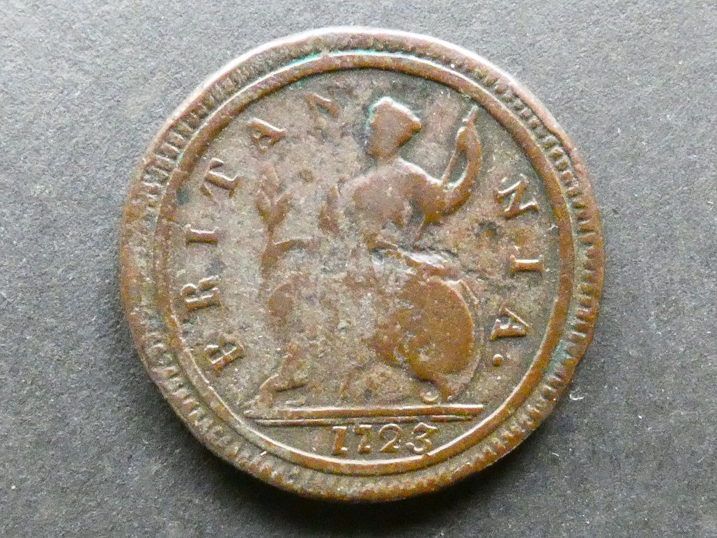 Halfpenny, 1723, inverted A for V.