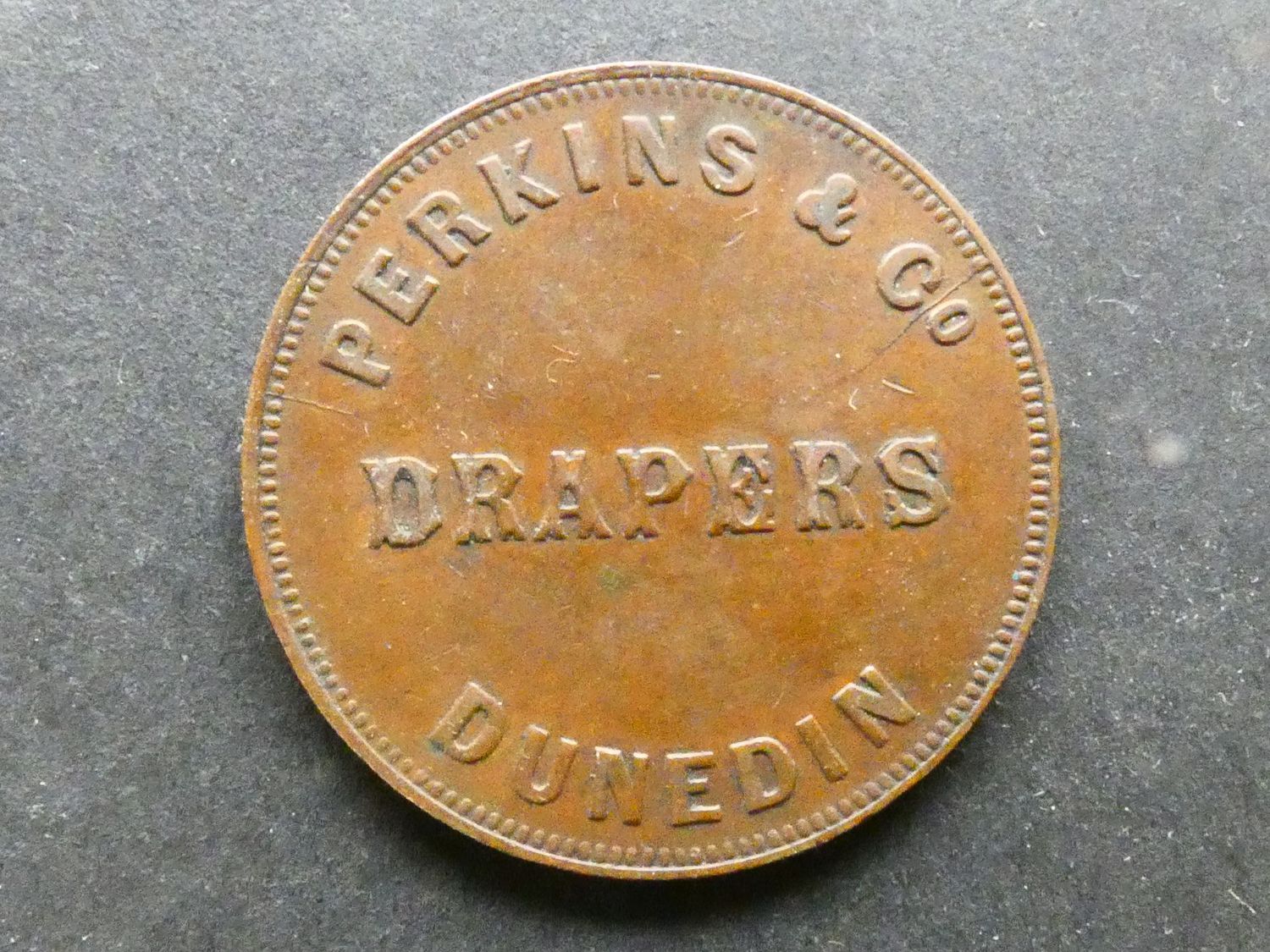 New Zealand, 1d token, Dunedin, ND(1862-1866), Perkins & Co