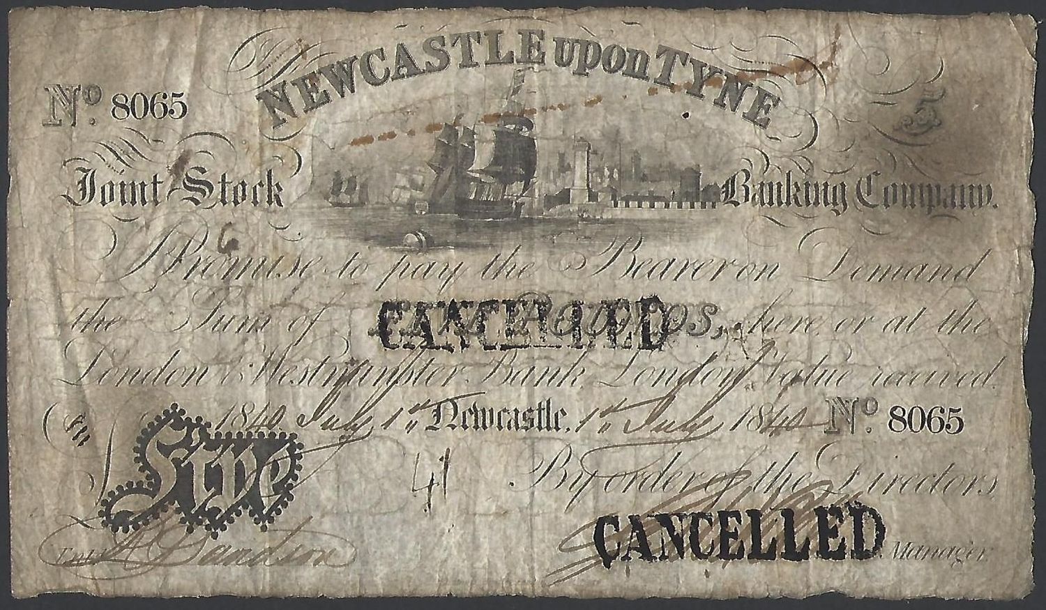 Newcastle Joint Stock Banking Co., 5 Pounds, 1st July 1840