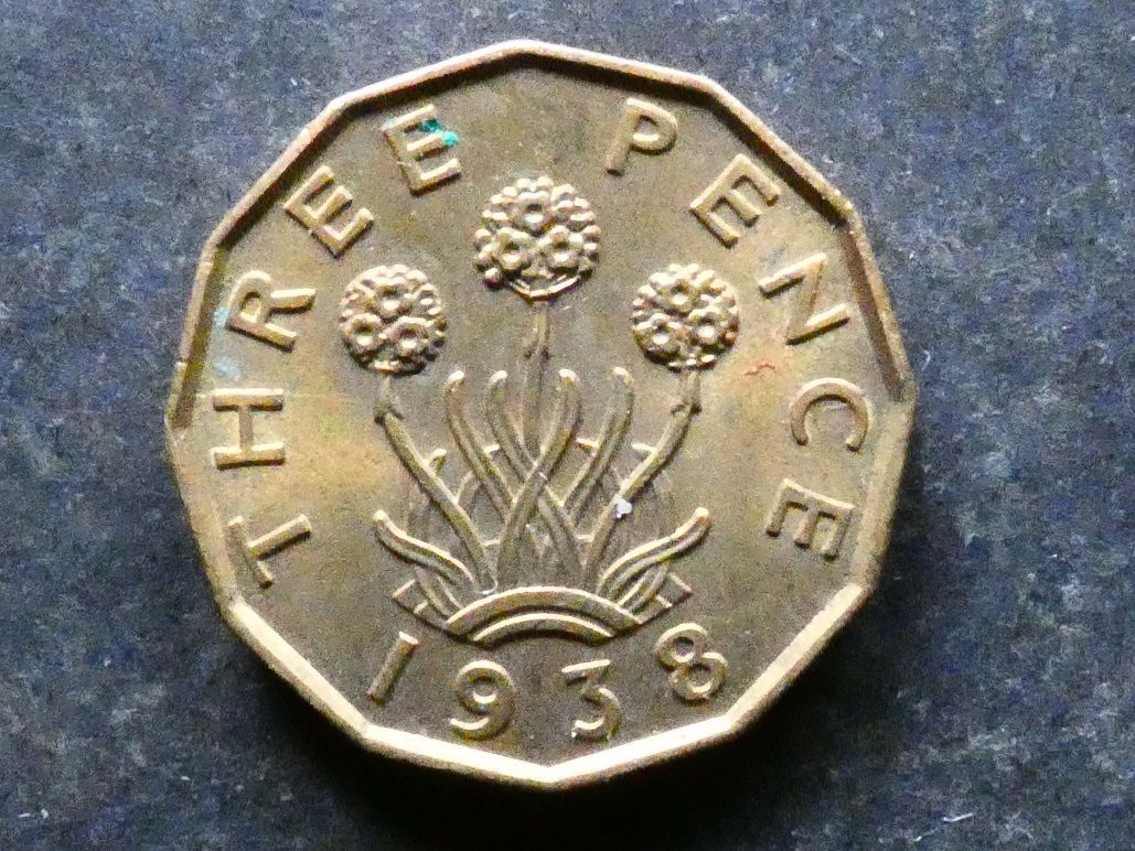 Threepence, 1938, brass.