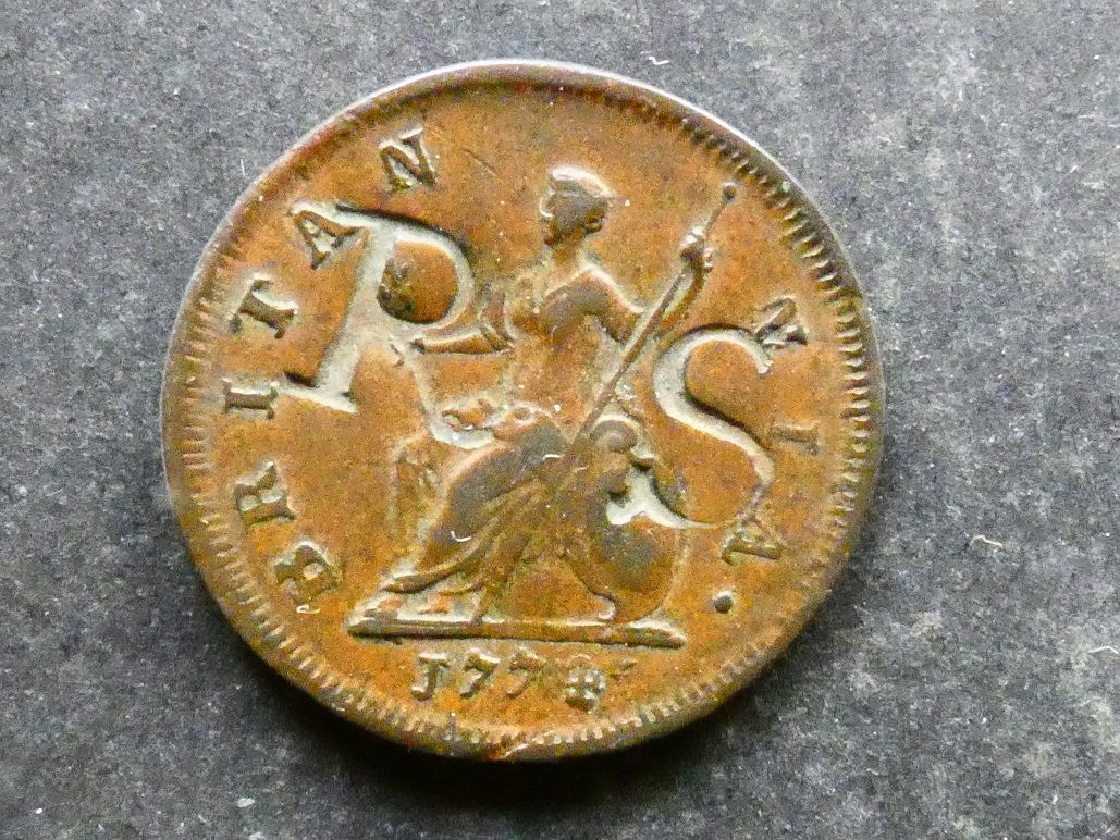 Countermarked, Farthing, 1774, c/m "R S"