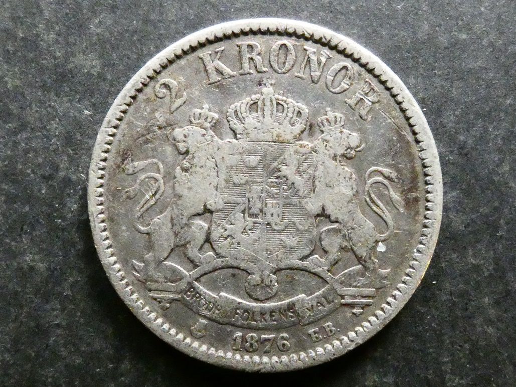 Sweden, 2 Krone, 1876, small date.