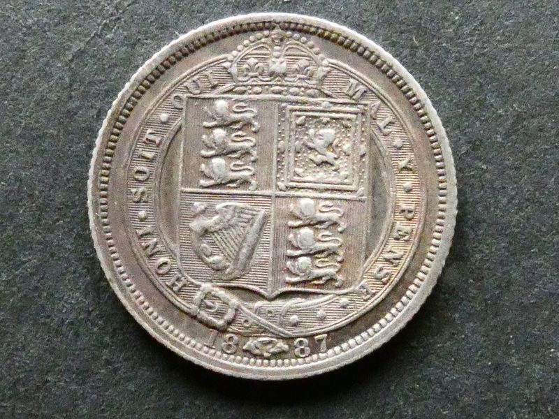 Sixpence, 1887, jubilee head, withdrawn reverse.
