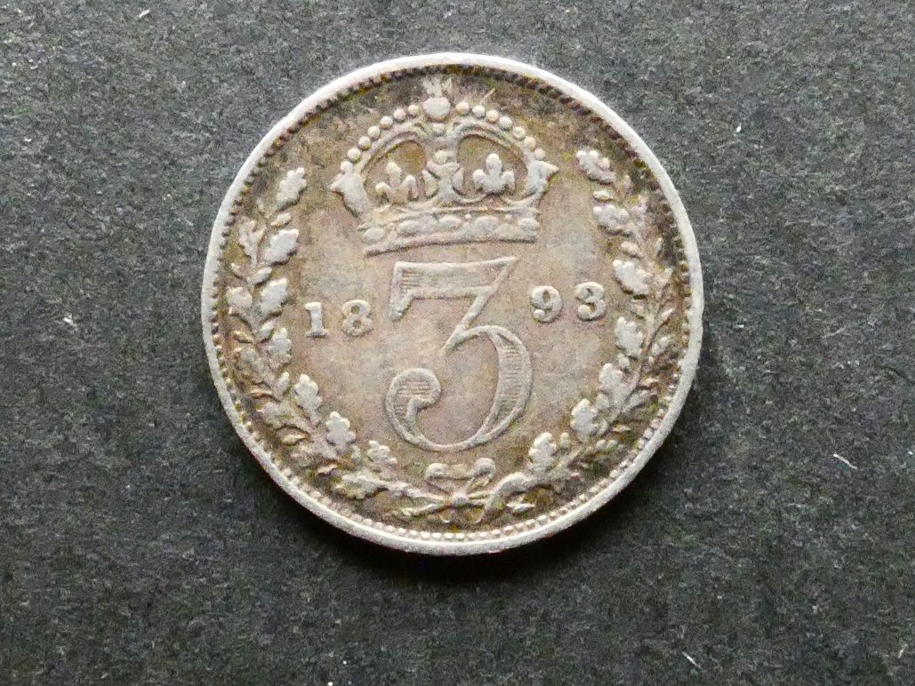 Threepence, 1893, currency issue, jubilee head.