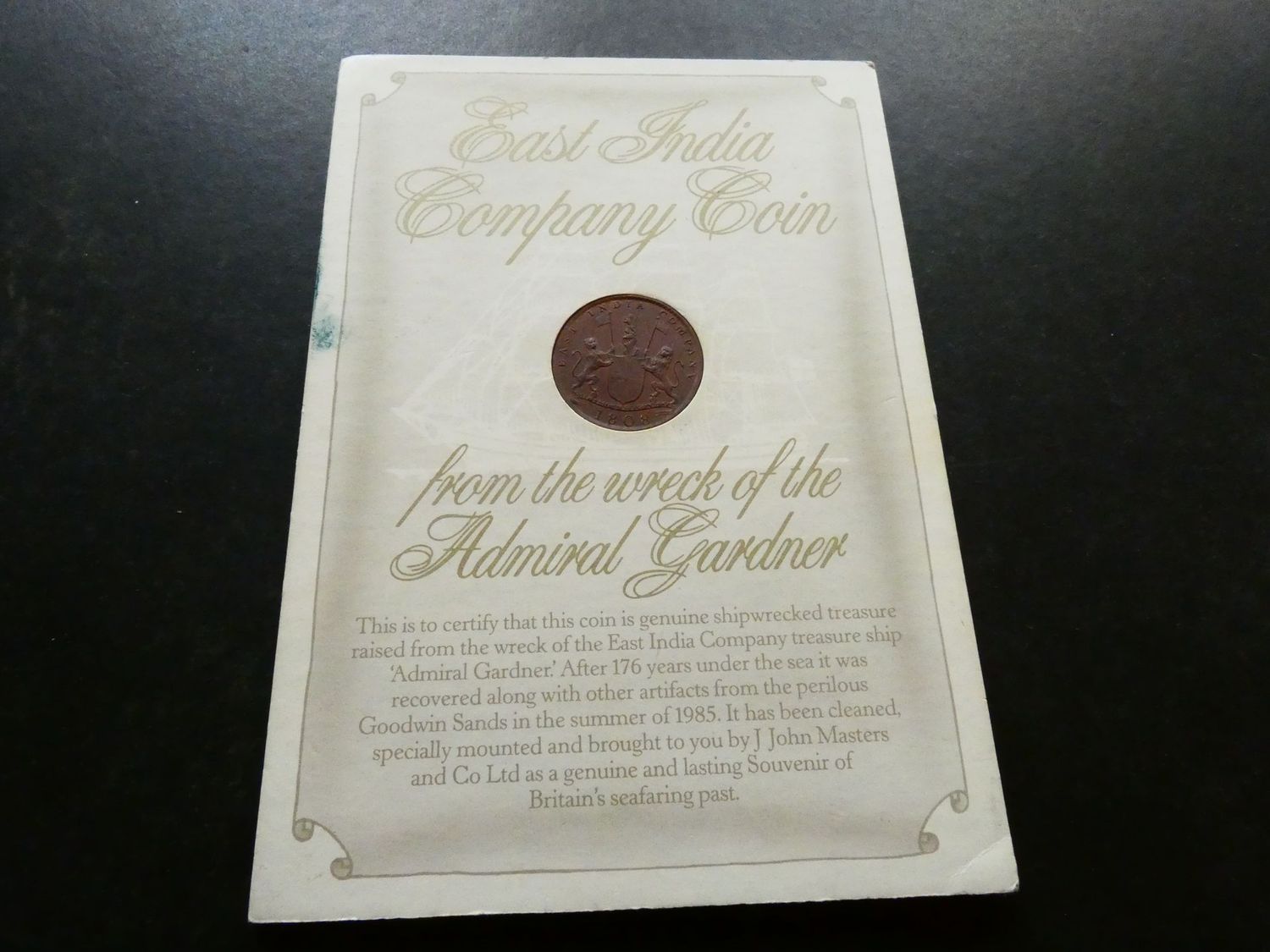 India, Madras Presidency, 10 Cash, 1808, ex-wreck India, Madras Presidency, 10 Cash, 1808, ex-wreck "Admiral Gardner."