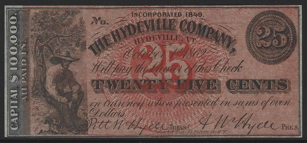 USA, Vermont, Hydeville Company, store scrip, 25 Cents, 1.10.1862 USA, Vermont, Hydeville Company, store scrip, 25 Cents, 1.10.1862
