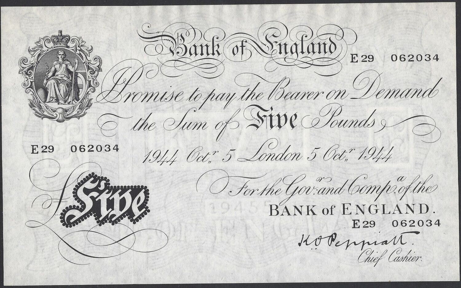 5 Pounds, Peppiatt, London, 5th October 1944.