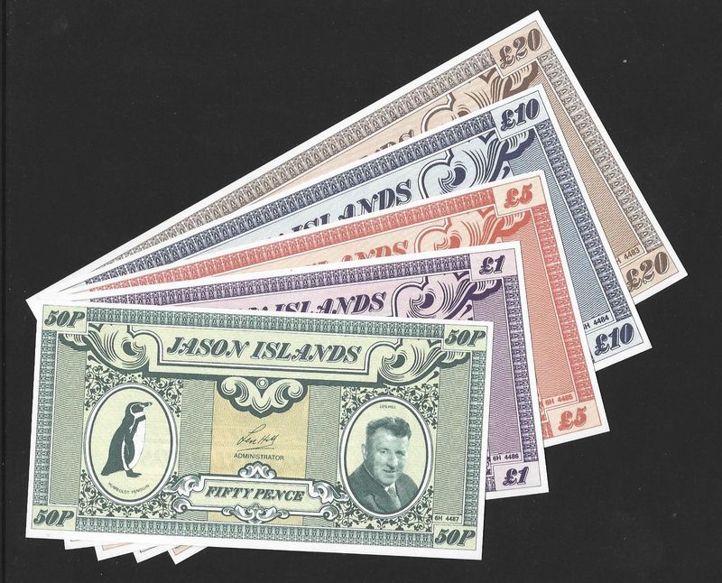 Jason Islands, 50p, £1, £5, £10, and £20, set of five, 1979. Jason Islands, 50p, £1, £5, £10, and £20, set of five, 1979.