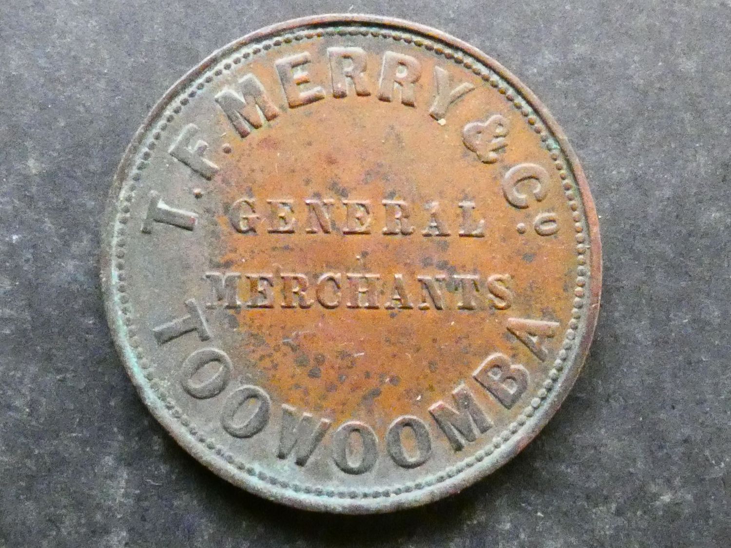 Australia, 1d token, Queensland, ND, T. F. Merry & Co. Australia, 1d token, Queensland, ND, T. F. Merry & Co.