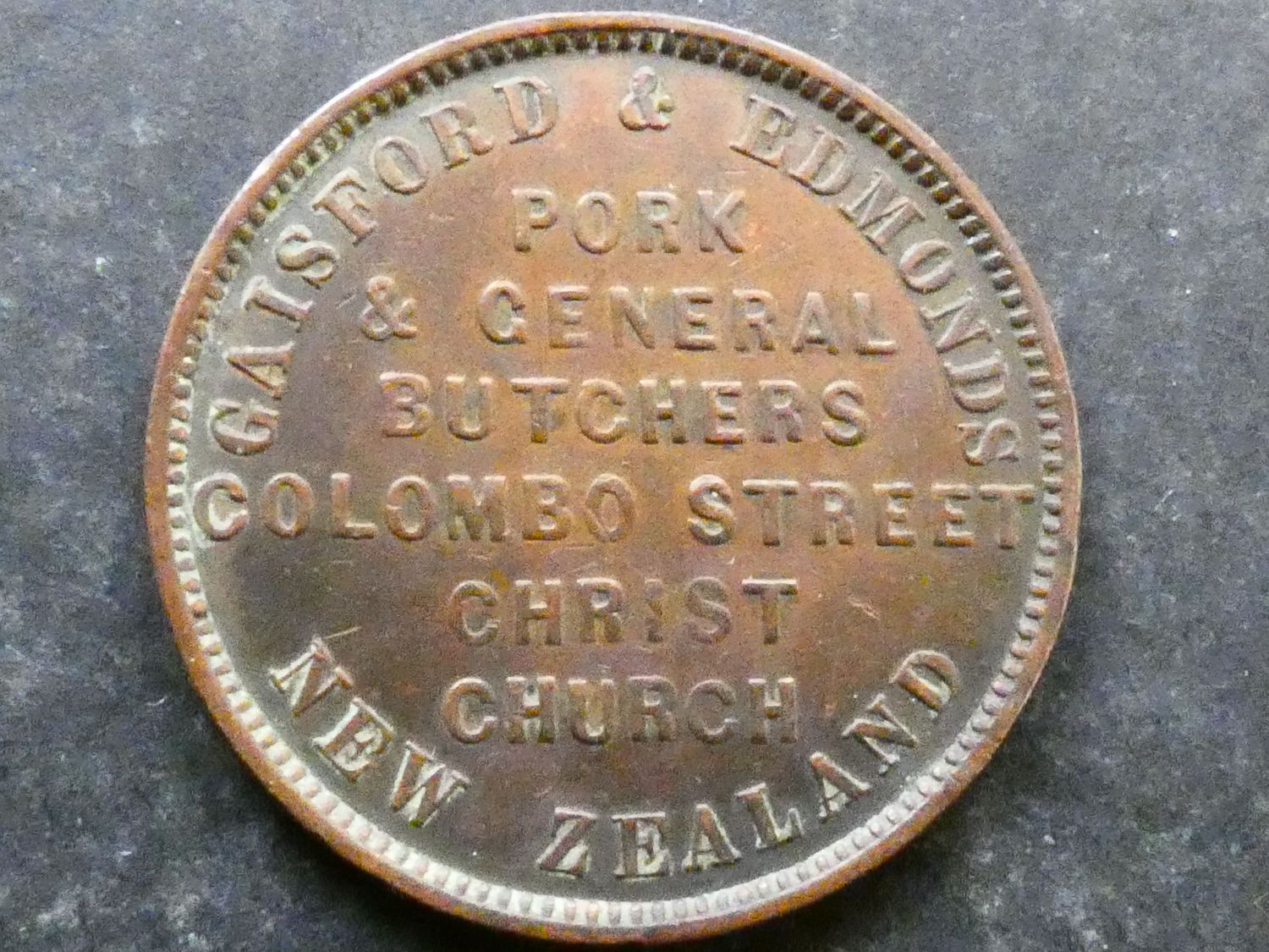 New Zealand, 1d token, Christchurch, 1875, Gaisford & Edmonds New Zealand, 1d token, Christchurch, 1875, Gaisford & Edmonds