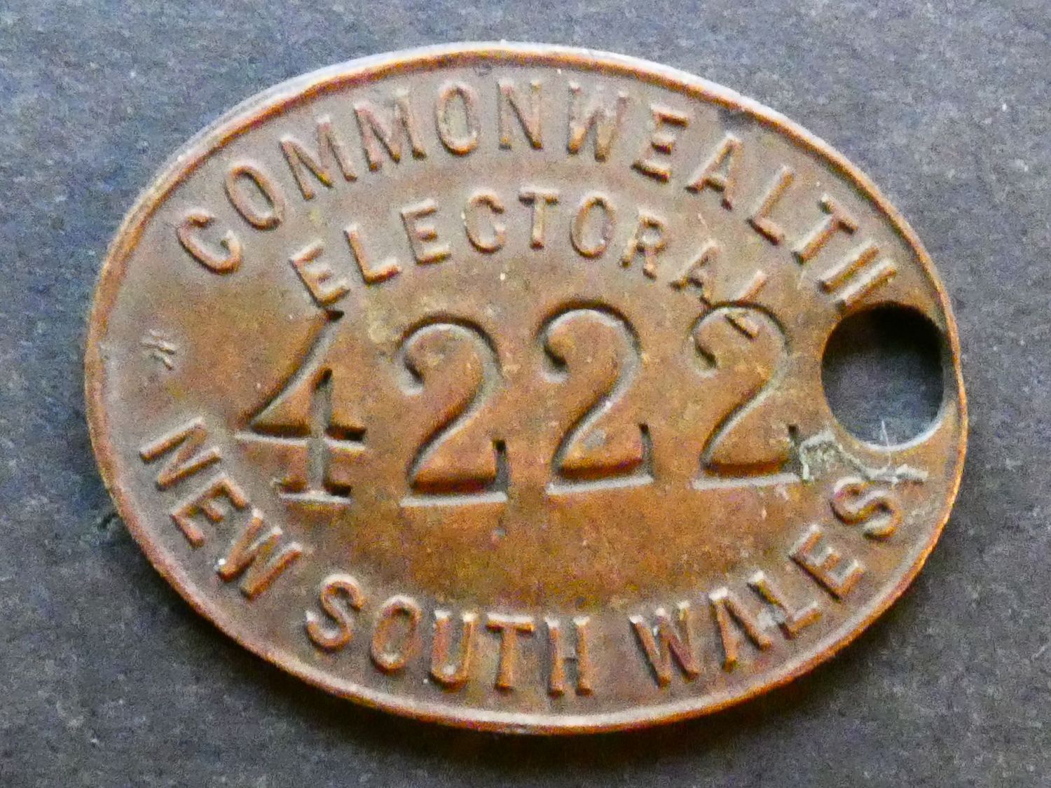 Australia, New South Wales, ballot-box key tag, early to mid-twentieth Century.