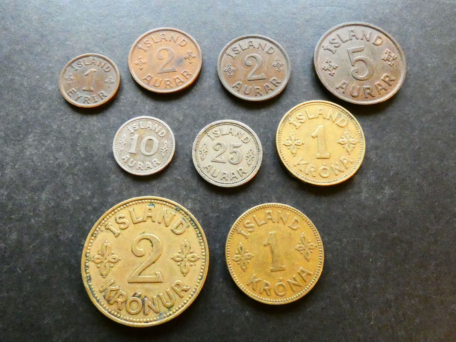 Iceland, 1940 year set, 1 Eyrir to 2 Kronur Iceland, 1940 year set, 1 Eyrir to 2 Kronur