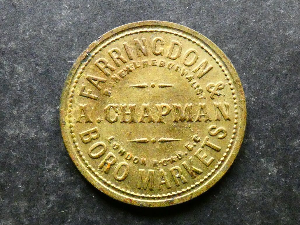 Market token, A. Chapman, Farringdon & Boro, 6 Pence