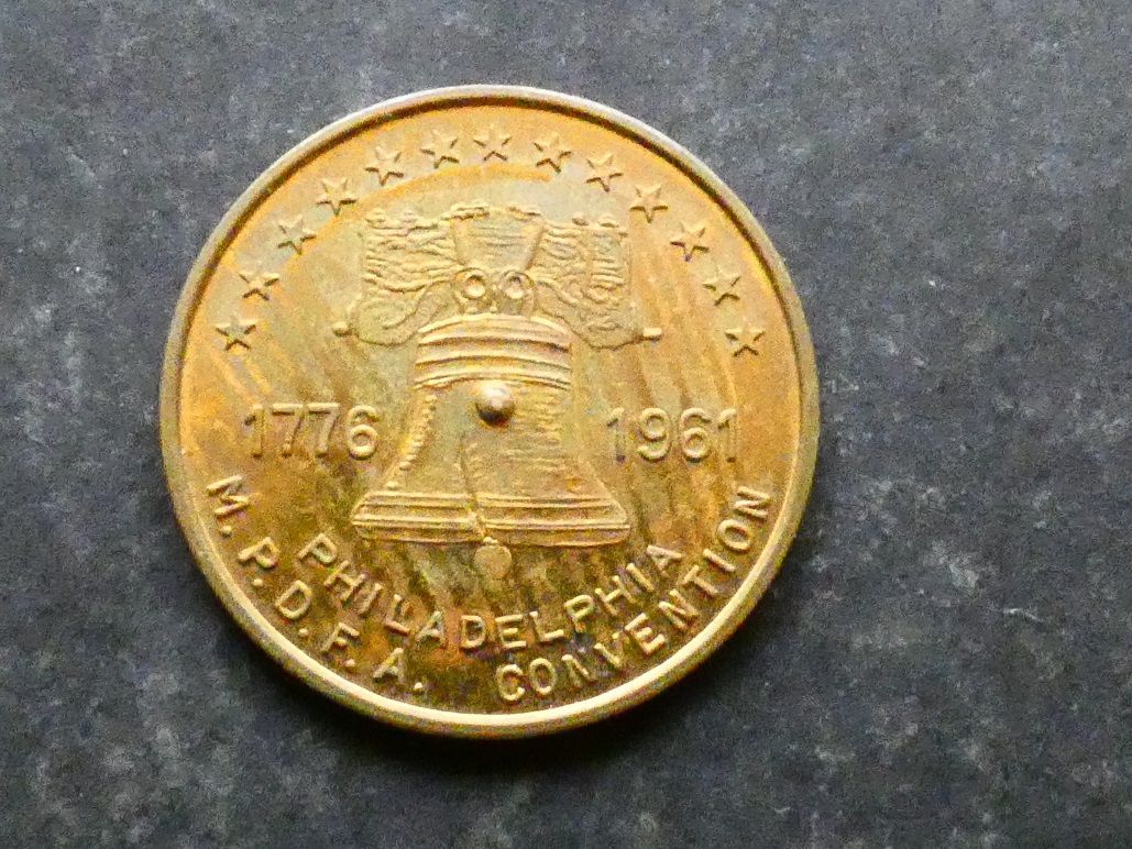 United States of America, advertising, United States of America, advertising, "spinner" token, Perfect Photo Inc. and M.P.D.F.A. Convention, Philadelphia, 1961