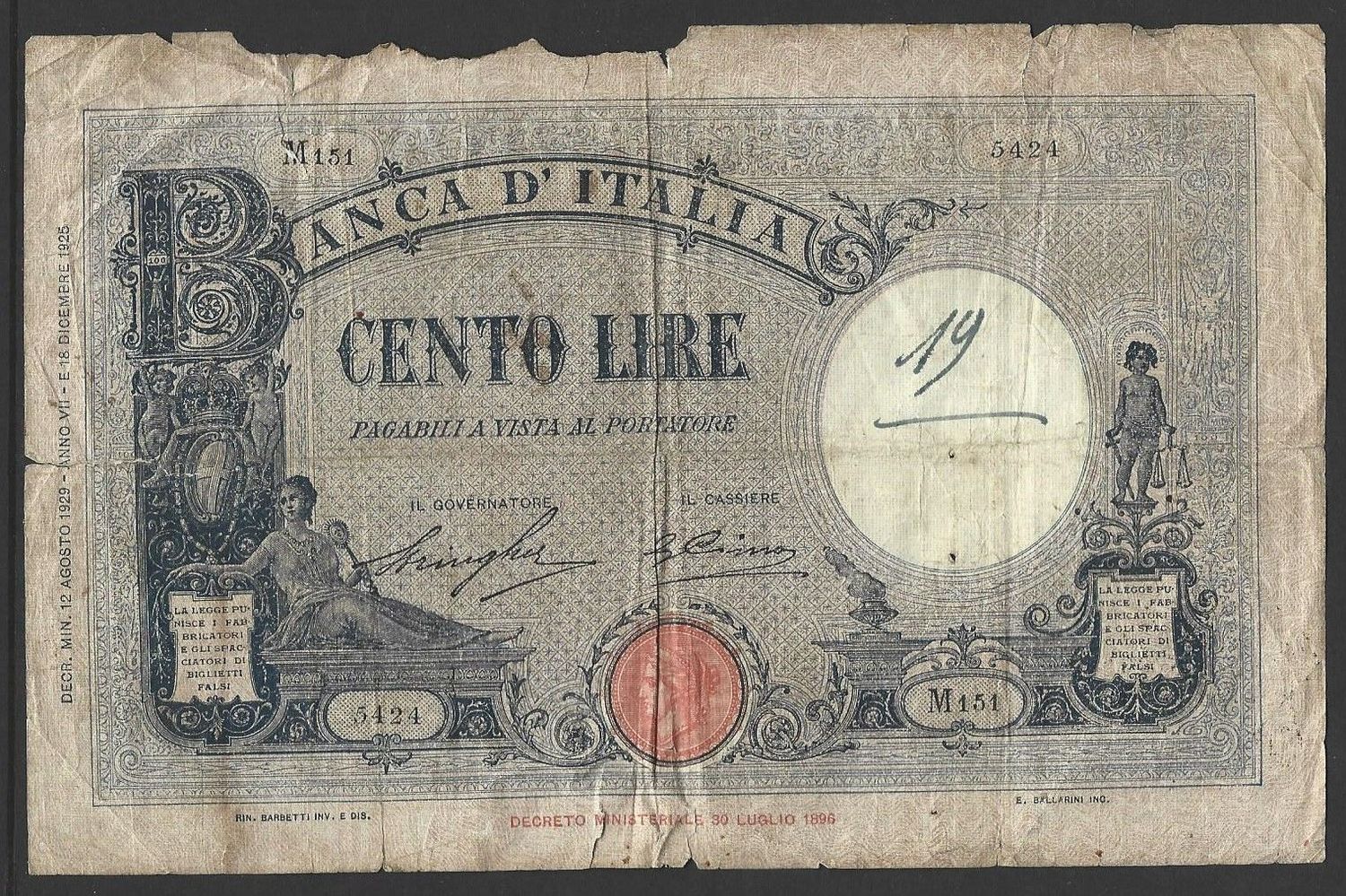Italy, 100 Lire, 12.8.1929 Italy, 100 Lire, 12.8.1929