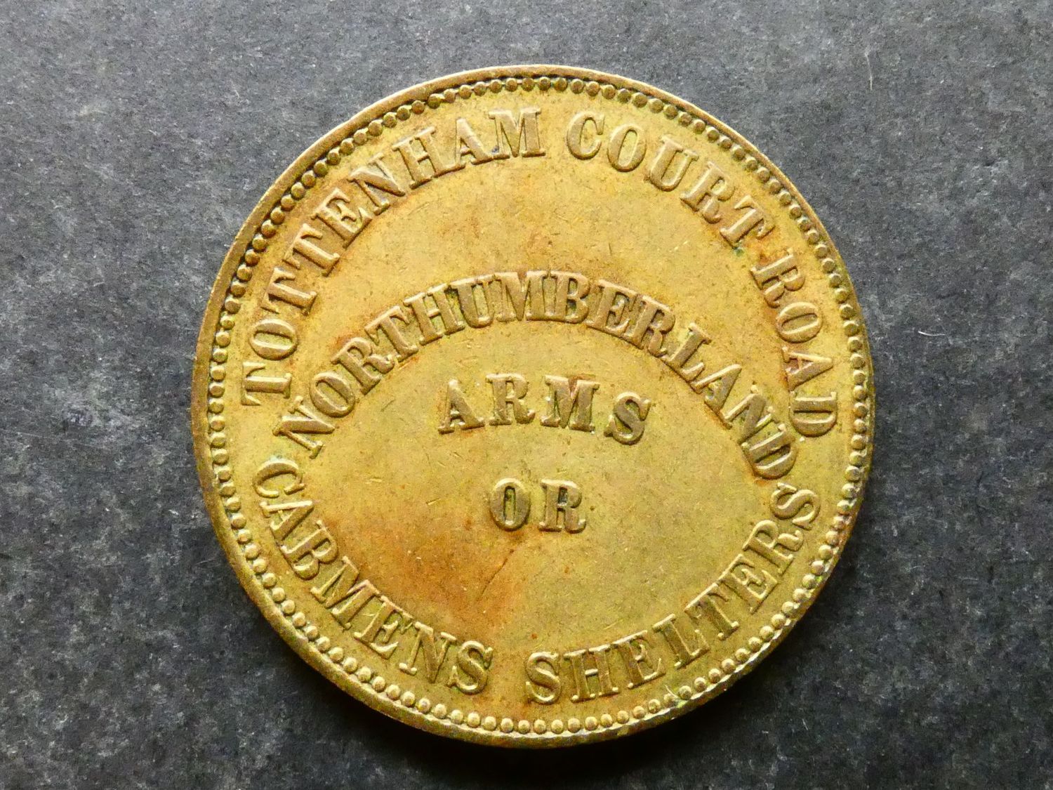 Inn checks & refreshment tokens, London, Tottenham Court Road, Northumberland Arms or Cabmen's Shelters, 3d Inn checks & refreshment tokens, London, Tottenham Court Road, Northumberland Arms or Cabmen's Shelters, 3d