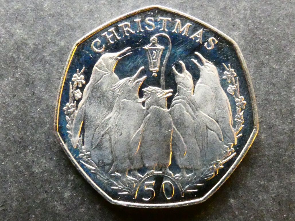 Falkland Islands, 50p, 2017, Christmas, penguin carol singers, no die letters Falkland Islands, 50p, 2017, Christmas, penguin carol singers, no die letters