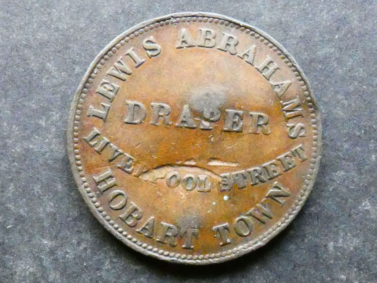 Australia, Halfpenny token, Tasmania, Hobart, Lewis Abrahams, 1855 Australia, Halfpenny token, Tasmania, Hobart, Lewis Abrahams, 1855