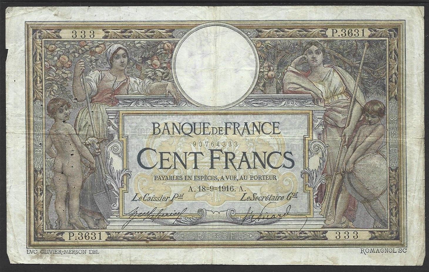 France, 100 Francs, 18.9.1916