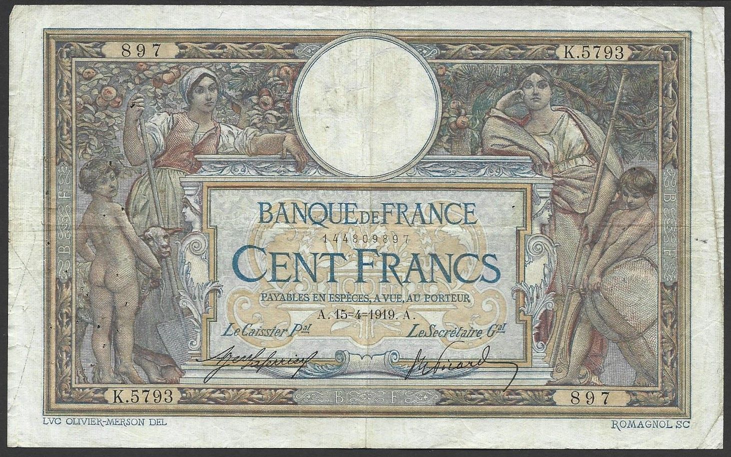 France, 100 Francs, 15.4.1919